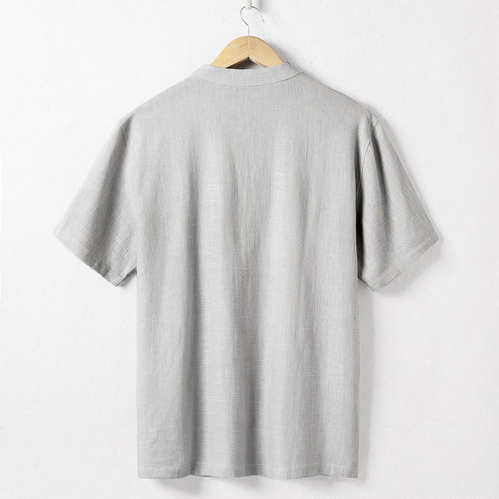 Buddha Stones Loose Men's Shirt Solid Color Notched Neck Top Short Sleeve Comfy Button Breathable Cotton Linen Shirt - image 6