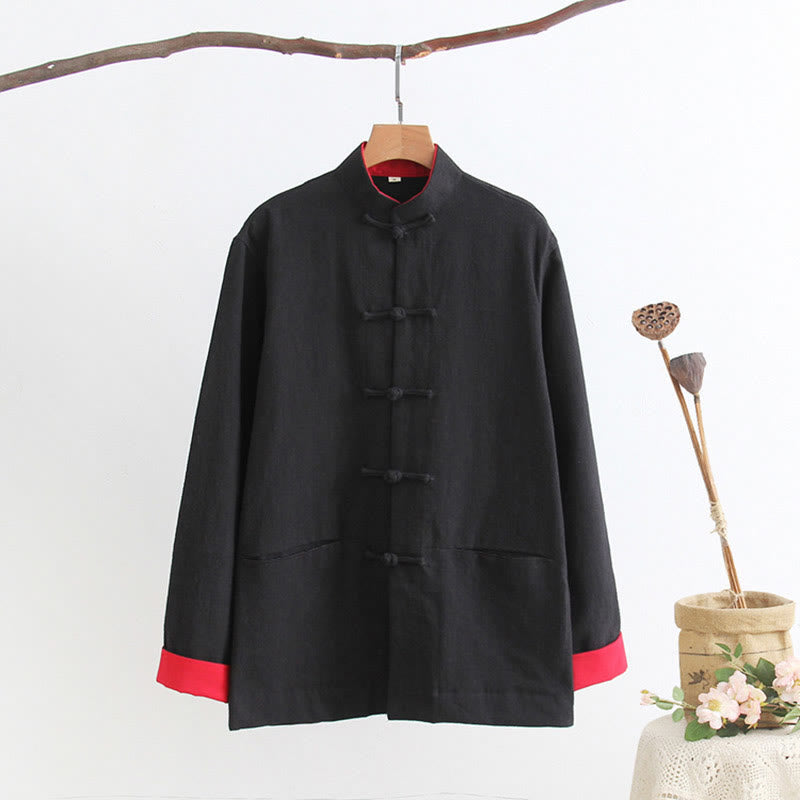 Buddha Stones Tang Frog-Button Long Sleeve Shirt Cotton Linen Men's Clothing - Black - US/UK/AU44，EU54 (4XL) - image 3