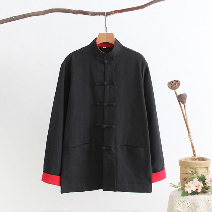 Buddha Stones Tang Frog-Button Long Sleeve Shirt Cotton Linen Men's Clothing - Black - US/UK/AU44，EU54 (4XL) - image 3
