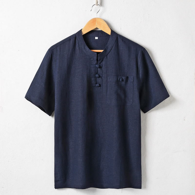 Buddha Stones Loose Men's Shirt Solid Color Notched Neck Top Short Sleeve Comfy Button Breathable Cotton Linen Shirt - MidnightBlue - US/UK/AU46，EU56 (5XL)  - image 3