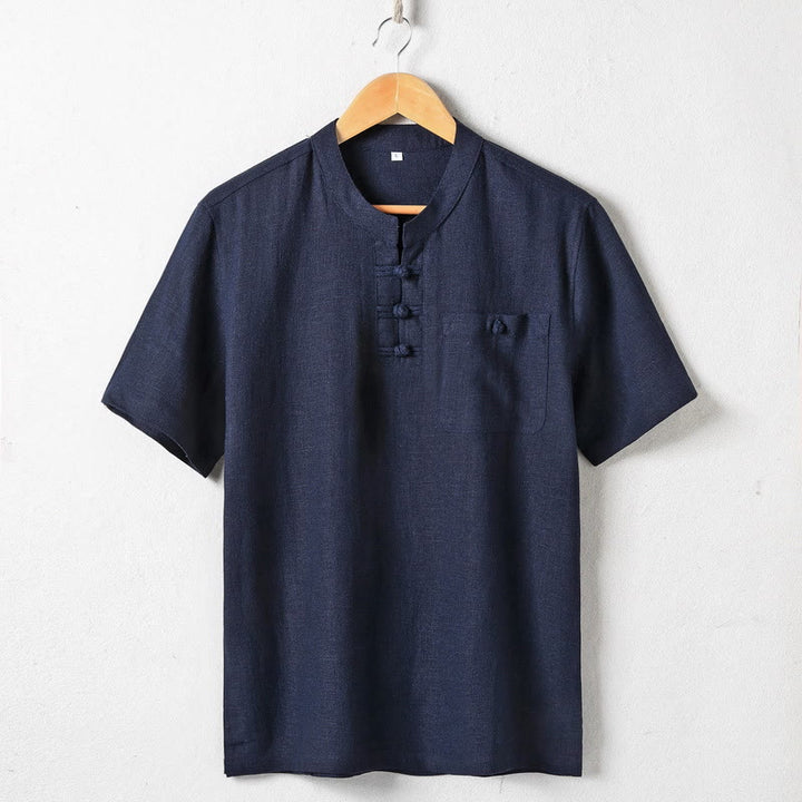 Buddha Stones Loose Men's Shirt Solid Color Notched Neck Top Short Sleeve Comfy Button Breathable Cotton Linen Shirt - MidnightBlue - US/UK/AU46，EU56 (5XL)  - image 3