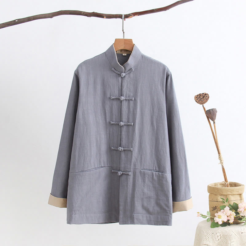 Buddha Stones Tang Frog-Button Long Sleeve Shirt Cotton Linen Men's Clothing