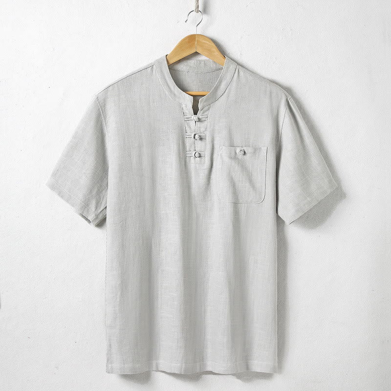 Buddha Stones Loose Men's Shirt Solid Color Notched Neck Top Short Sleeve Comfy Button Breathable Cotton Linen Shirt - Gainsboro - US/UK/AU46，EU56 (5XL)  - image 5