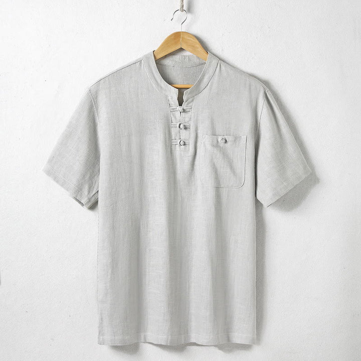 Buddha Stones Loose Men's Shirt Solid Color Notched Neck Top Short Sleeve Comfy Button Breathable Cotton Linen Shirt - Gainsboro - US/UK/AU46，EU56 (5XL)  - image 5