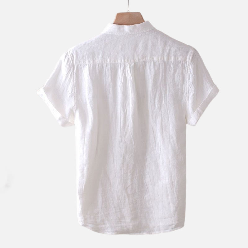 Buddha Stones Men's Shirt Solid Color Lapel Top Short Sleeve Comfy Button Crease Cotton Linen Shirt