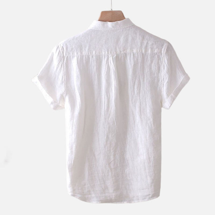 Buddha Stones Men's Shirt Solid Color Lapel Top Short Sleeve Comfy Button Crease Cotton Linen Shirt
