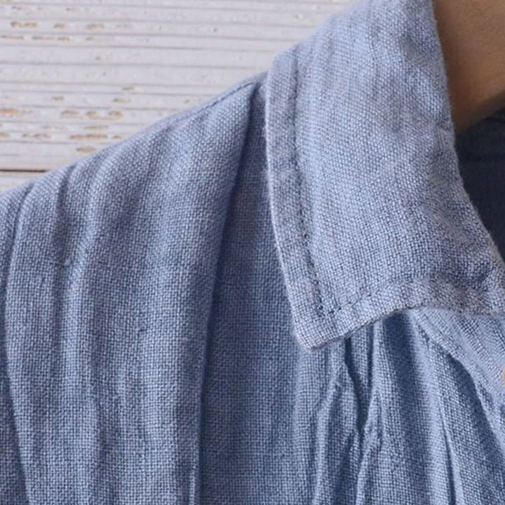 Buddha Stones Men's Shirt Solid Color Lapel Top Short Sleeve Comfy Button Crease Cotton Linen Shirt