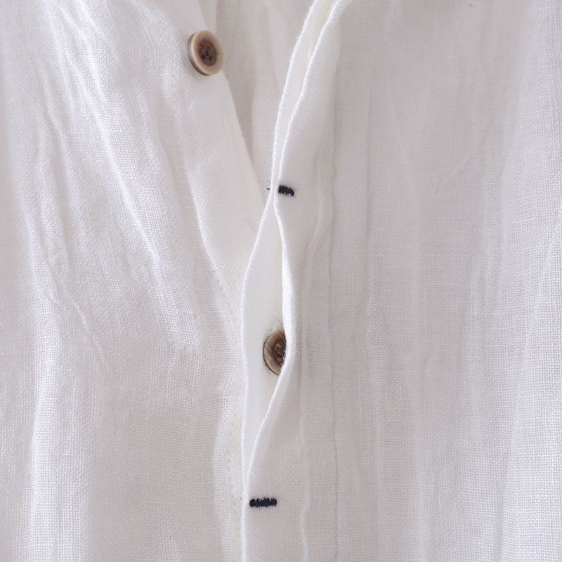 Buddha Stones Men's Shirt Solid Color Lapel Top Short Sleeve Comfy Button Crease Cotton Linen Shirt