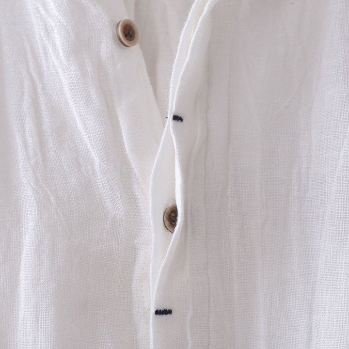 Buddha Stones Men's Shirt Solid Color Lapel Top Short Sleeve Comfy Button Crease Cotton Linen Shirt