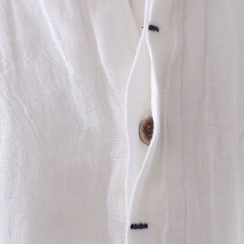 Buddha Stones Men's Shirt Solid Color Lapel Top Short Sleeve Comfy Button Crease Cotton Linen Shirt