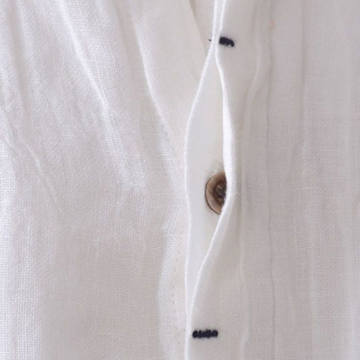Buddha Stones Men's Shirt Solid Color Lapel Top Short Sleeve Comfy Button Crease Cotton Linen Shirt