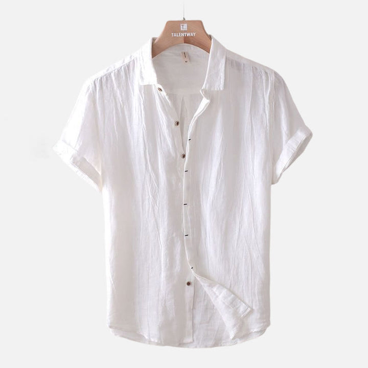 Buddha Stones Men's Shirt Solid Color Lapel Top Short Sleeve Comfy Button Crease Cotton Linen Shirt