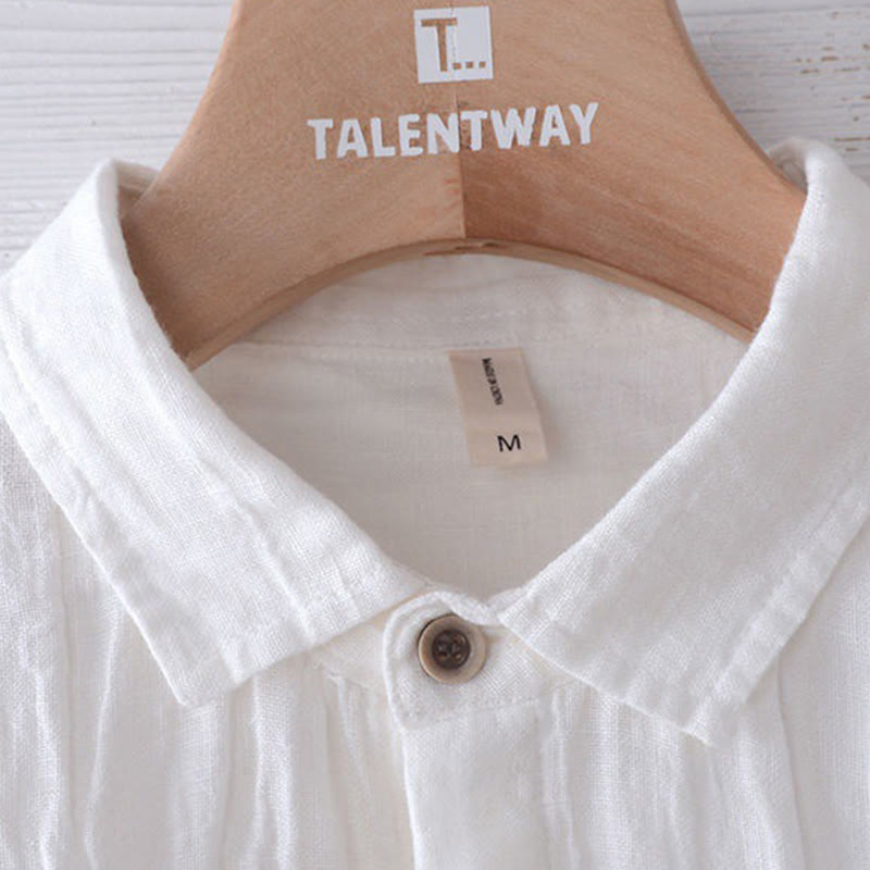 Buddha Stones Men's Shirt Solid Color Lapel Top Short Sleeve Comfy Button Crease Cotton Linen Shirt - image 11