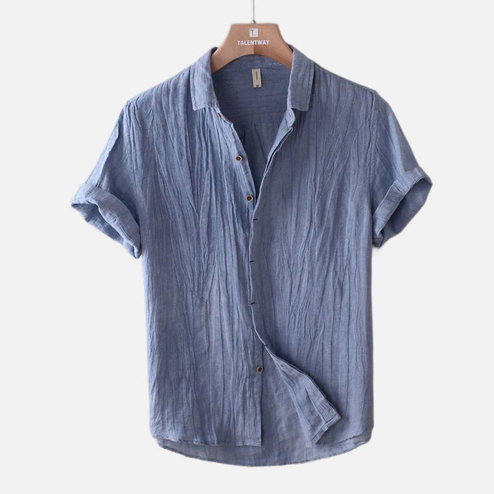 Buddha Stones Men's Shirt Solid Color Lapel Top Short Sleeve Comfy Button Crease Linen Shirt