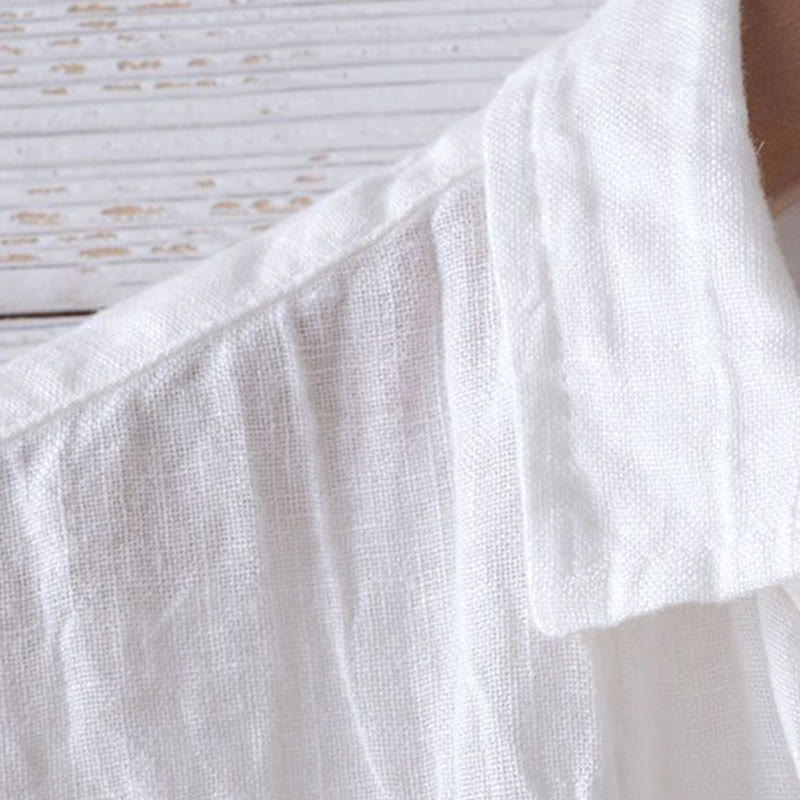 Buddha Stones Men's Shirt Solid Color Lapel Top Short Sleeve Comfy Button Crease Cotton Linen Shirt - image 12