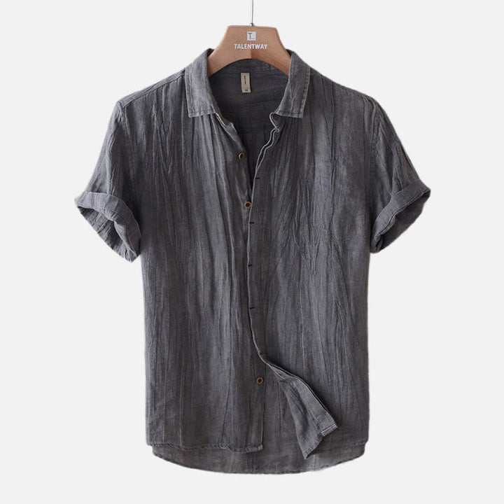 Buddha Stones Men's Shirt Solid Color Lapel Top Short Sleeve Comfy Button Crease Cotton Linen Shirt