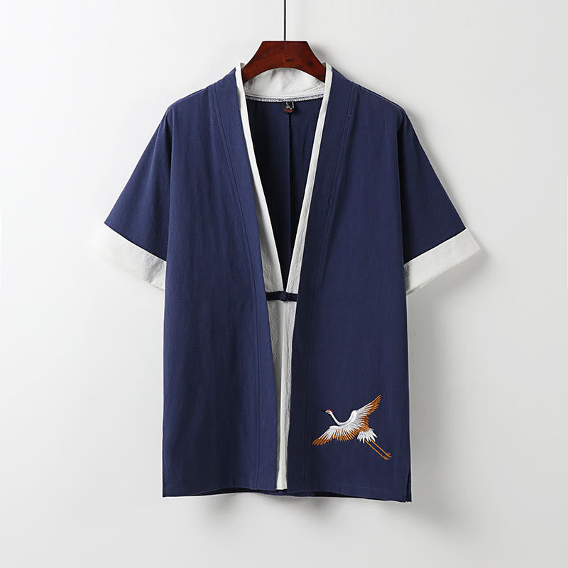 Buddha Stones Fake Two-piece Men's Half Sleeve Embroidery Hanfu Comfort Cotton Kimono - DarkBlue - US/UK/AU54，EU64 (9XL) - image 2