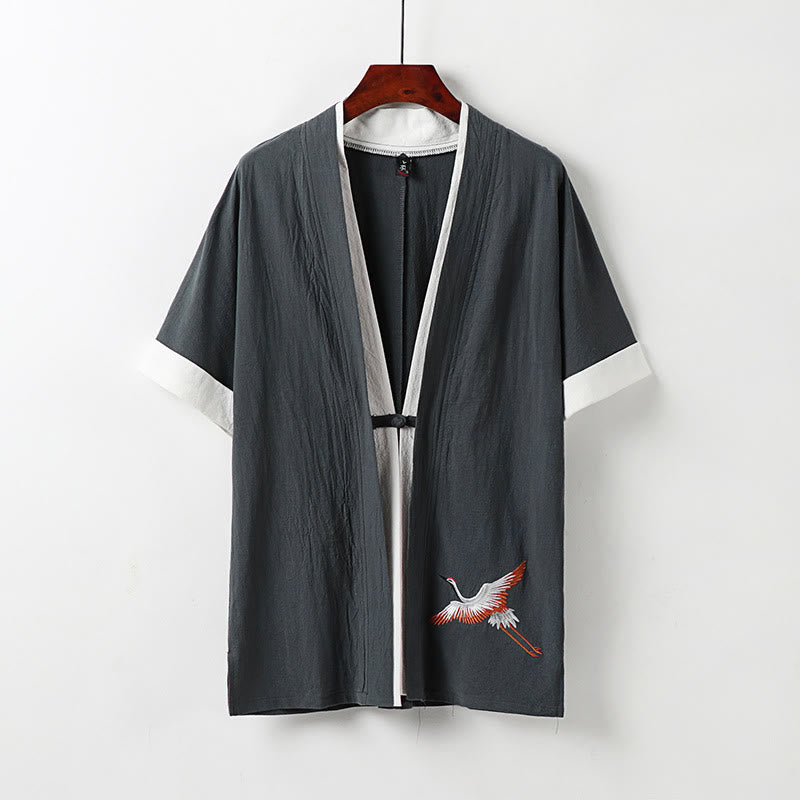 Buddha Stones Fake Two-piece Men's Half Sleeve Cardigan Embroidery Hanfu Comfort Cotton Shirt - Gray - US/UK/AU54，EU64 (9XL) - image 12
