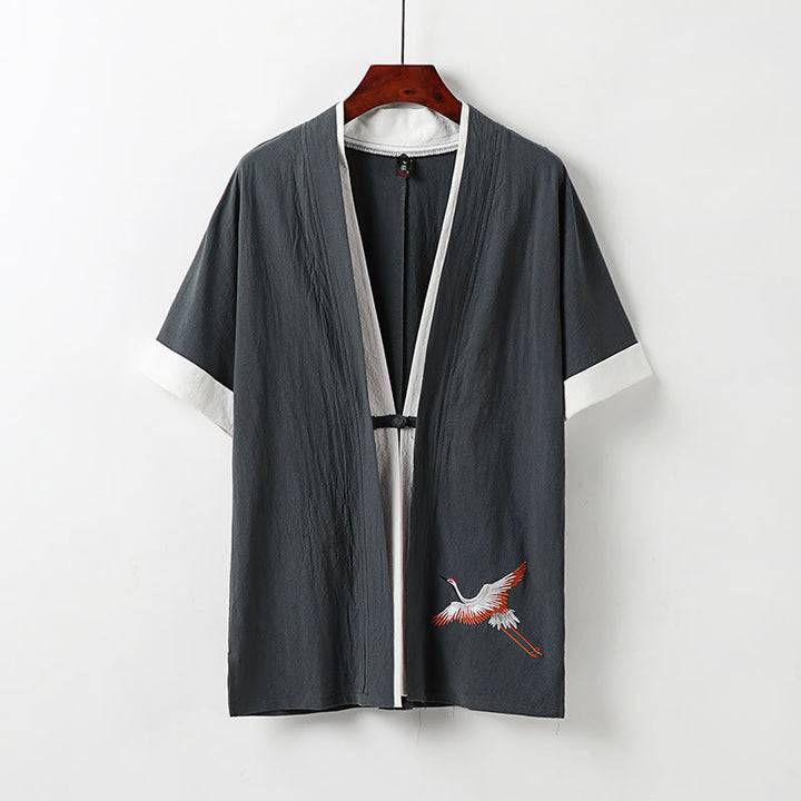 Buddha Stones Fake Two-piece Men's Half Sleeve Cardigan Embroidery Hanfu Comfort Cotton Shirt - Gray - US/UK/AU54，EU64 (9XL) - image 12