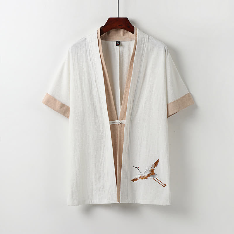Buddha Stones Fake Two-piece Men's Half Sleeve Cardigan Embroidery Hanfu Comfort Cotton Shirt - White - US/UK/AU54，EU64 (9XL) - image 1