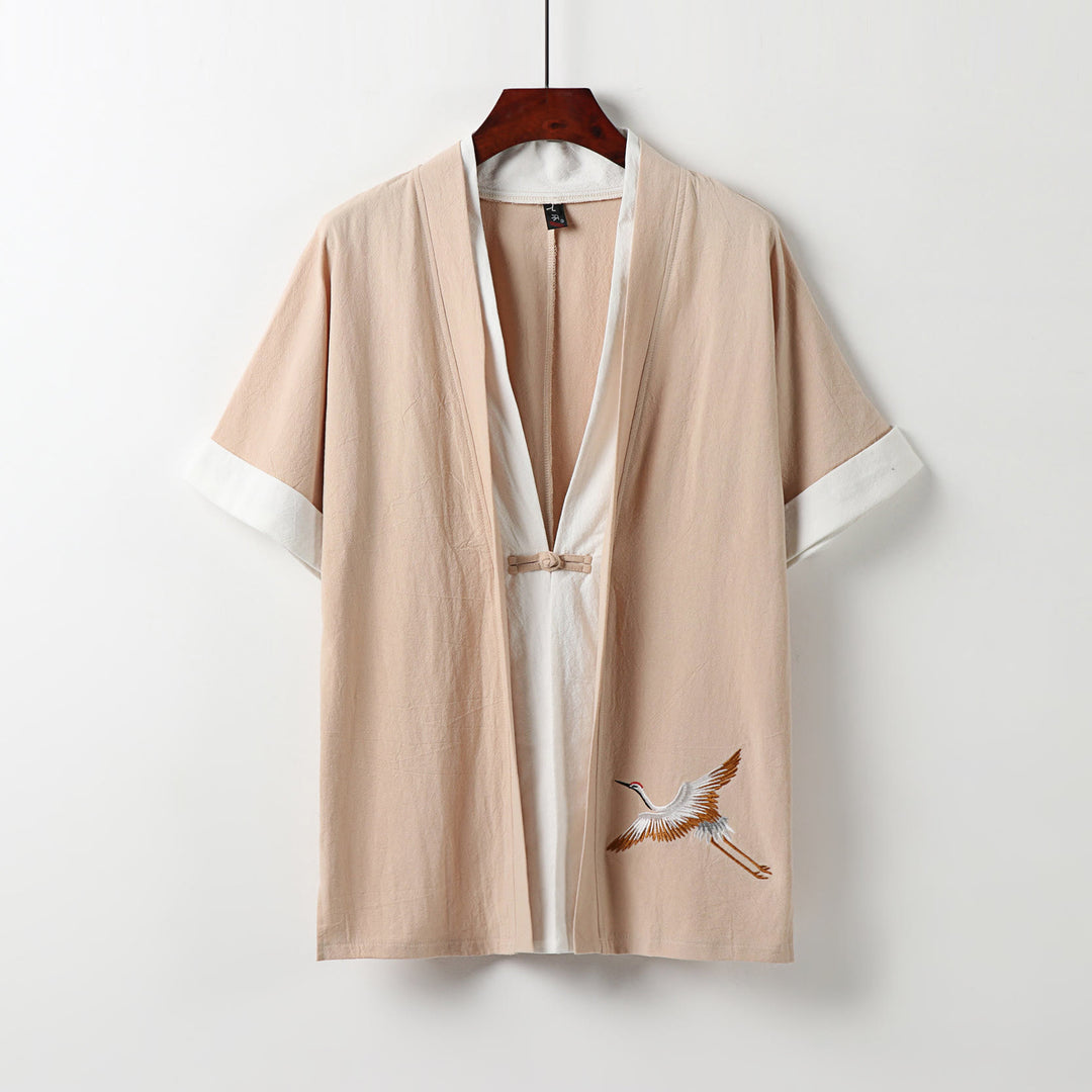 Buddha Stones Fake Two-piece Men's Half Sleeve Embroidery Hanfu Comfort Cotton Kimono - PeachPuff - US/UK/AU54，EU64 (9XL) - image 12