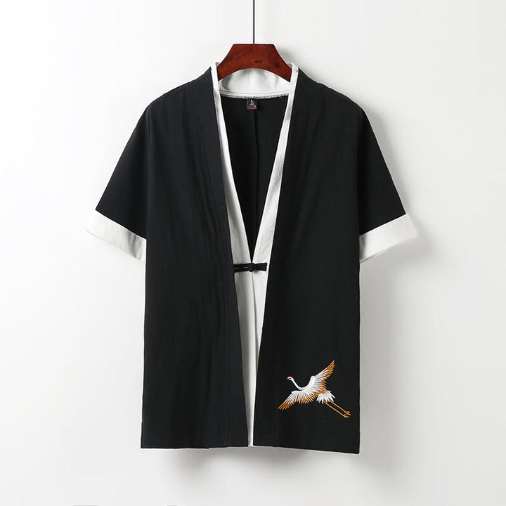 Buddha Stones Fake Two-piece Men's Half Sleeve Embroidery Hanfu Comfort Cotton Kimono - Black - US/UK/AU54，EU64 (9XL) - image 1