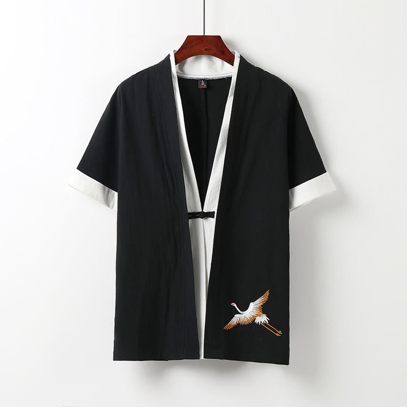Buddha Stones Fake Two-piece Men's Half Sleeve Cardigan Embroidery Hanfu Comfort Cotton Shirt - Black - US/UK/AU54，EU64 (9XL) - image 2