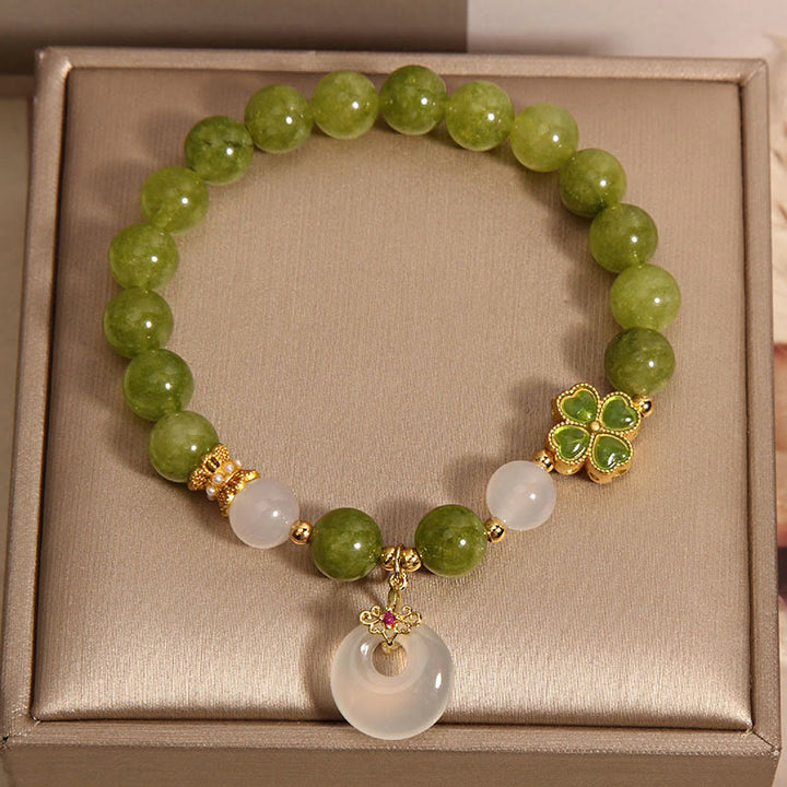 Buddha Stones Green Tourmaline Chalcedony Four Leaf Clover Peace Buckle Charm Wisdom Bracelet