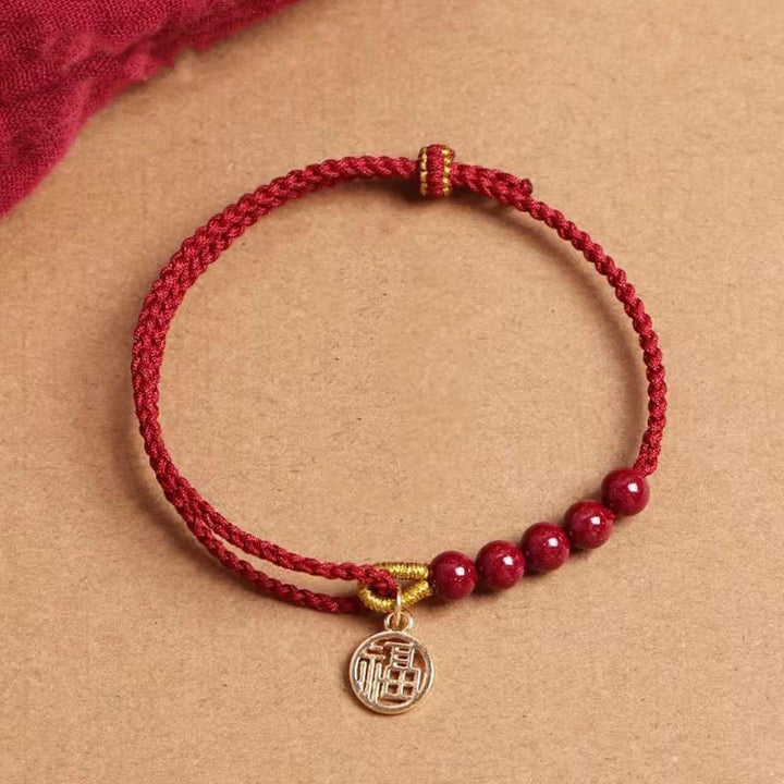 Buddha Stones Cinnabar Fu Character Beads Blessing Red String Handmade Braided Bracelet