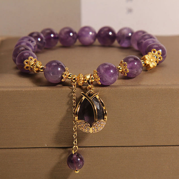Buddha Stones Amethyst Lily Charm Balance Healing Bracelet - Amethyst(Wrist Circumference: 14-17cm) - image 0