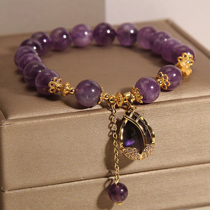 Buddha Stones Amethyst Lily Charm Balance Healing Bracelet - image 4
