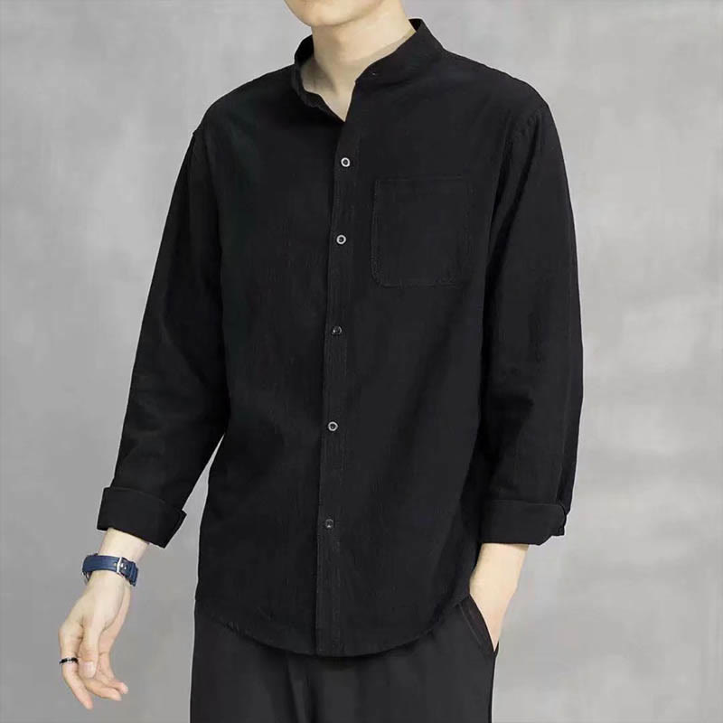 Buddha Stones Men's Long Sleeve Shirt With Pocket Stand Collar Comfort Linen Shirt