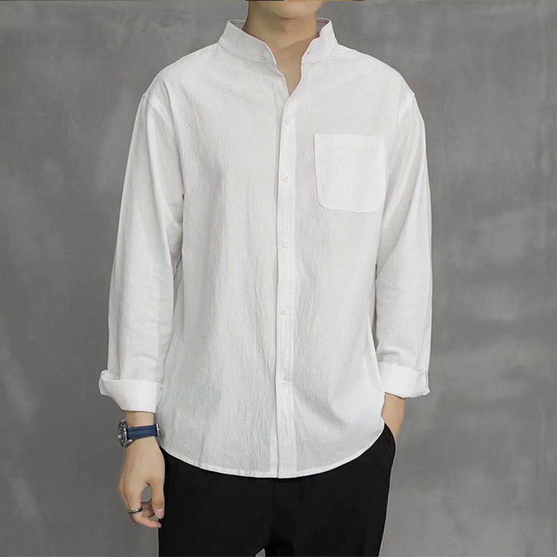 Buddha Stones Men's Long Sleeve Shirt With Pocket Stand Collar Comfort Linen Shirt - image 14