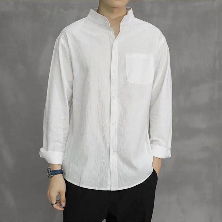 Buddha Stones Men's Long Sleeve Shirt With Pocket Stand Collar Comfort Linen Shirt - image 14