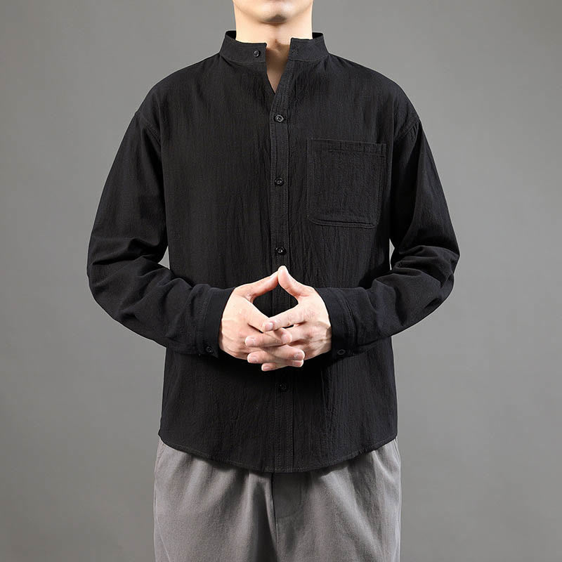 Buddha Stones Men's Long Sleeve Shirt With Pocket Stand Collar Comfort Linen Shirt