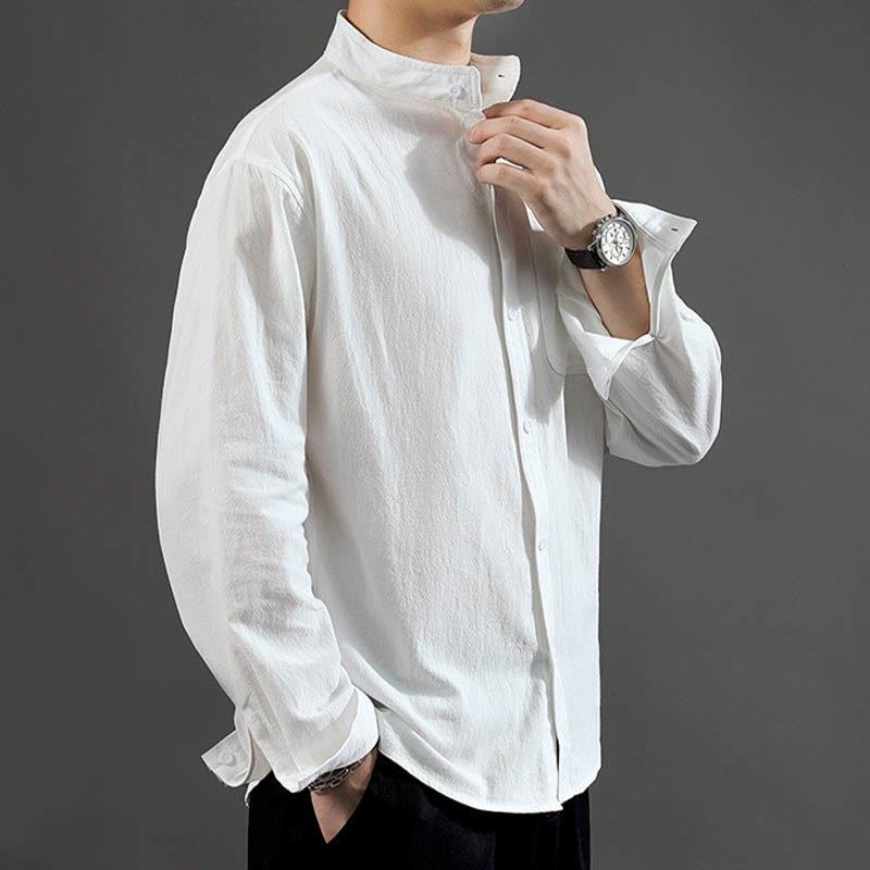 Buddha Stones Men's Long Sleeve Shirt With Pocket Stand Collar Comfort Linen Shirt - image 15