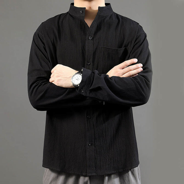 Buddha Stones Men's Long Sleeve Shirt With Pocket Stand Collar Comfort Linen Shirt - image 18