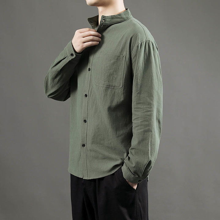 Buddha Stones Men's Long Sleeve Shirt With Pocket Stand Collar Comfort Linen Shirt - image 6