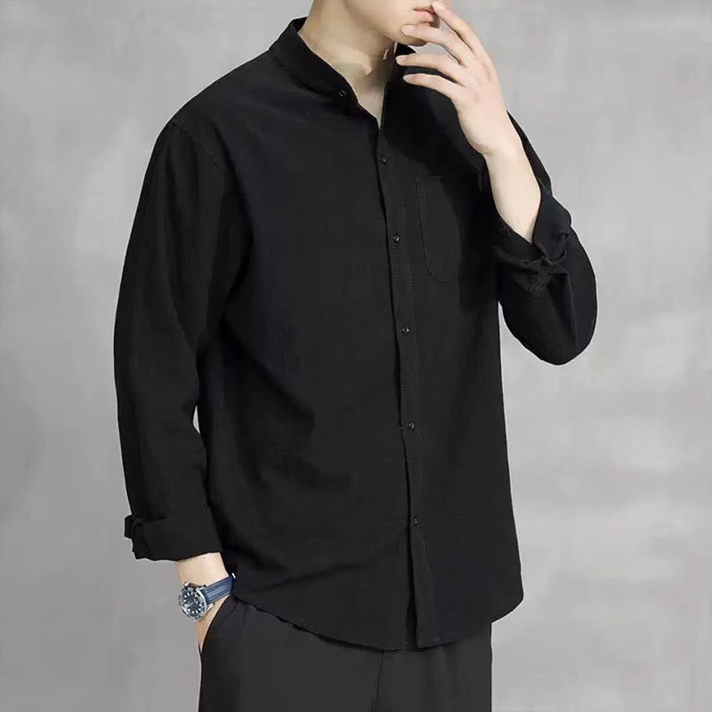 Buddha Stones Men's Long Sleeve Shirt With Pocket Stand Collar Comfort Linen Shirt