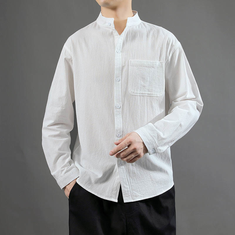 Buddha Stones Men's Long Sleeve Shirt With Pocket Stand Collar Comfort Linen Shirt - White - US/UK/AU46，EU56 (5XL) - image 10