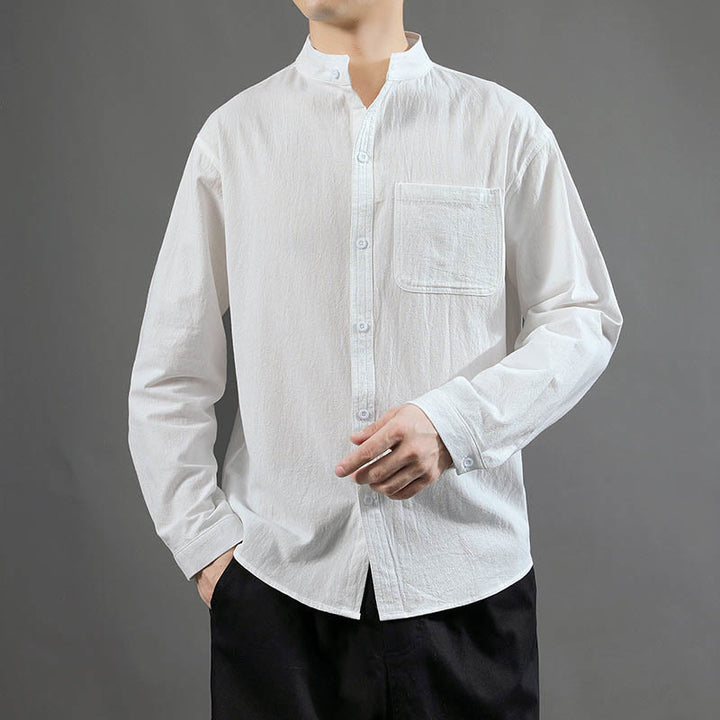 Buddha Stones Men's Long Sleeve Shirt With Pocket Stand Collar Comfort Linen Shirt - White - US/UK/AU46，EU56 (5XL) - image 10