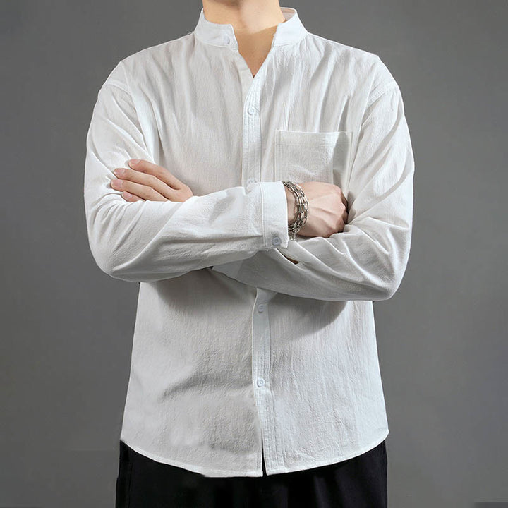 Buddha Stones Men's Long Sleeve Shirt With Pocket Stand Collar Comfort Linen Shirt - image 13