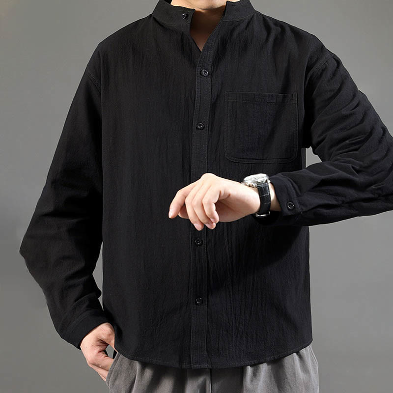 Buddha Stones Men's Long Sleeve Shirt With Pocket Stand Collar Comfort Linen Shirt - image 20