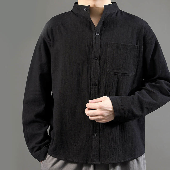 Buddha Stones Men's Long Sleeve Shirt With Pocket Stand Collar Comfort Linen Shirt - image 19