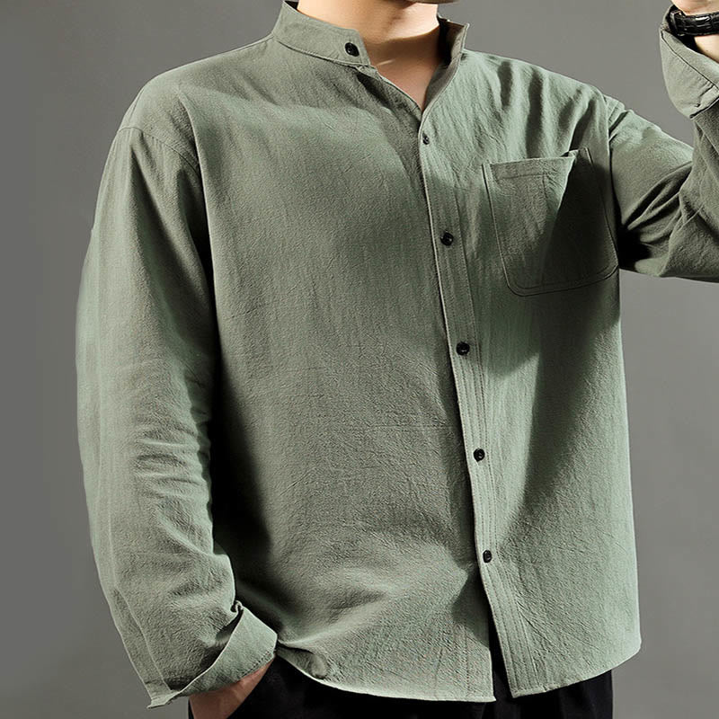 Buddha Stones Men's Long Sleeve Shirt With Pocket Stand Collar Comfort Linen Shirt - image 5