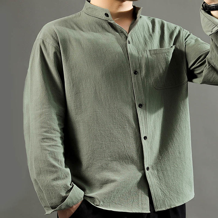Buddha Stones Men's Long Sleeve Shirt With Pocket Stand Collar Comfort Linen Shirt - image 5