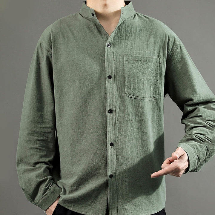 Buddha Stones Men's Long Sleeve Shirt With Pocket Stand Collar Comfort Linen Shirt