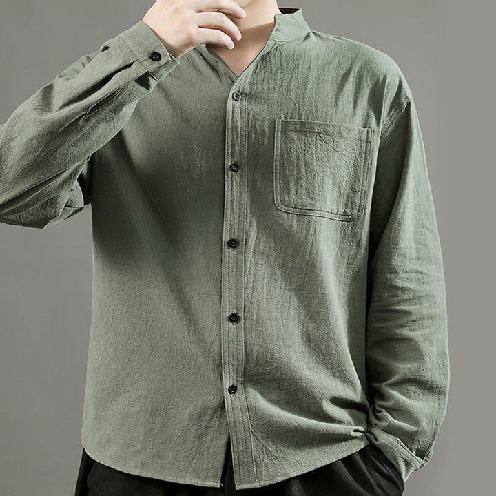 Buddha Stones Men's Long Sleeve Shirt With Pocket Stand Collar Comfort Linen Shirt - image 3