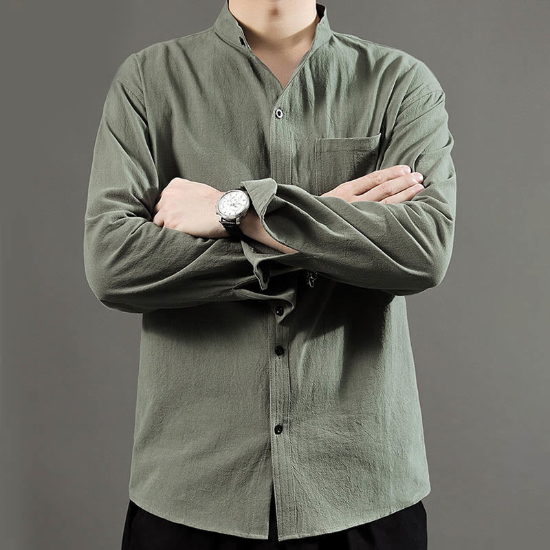 Buddha Stones Men's Long Sleeve Shirt With Pocket Stand Collar Comfort Linen Shirt - image 7