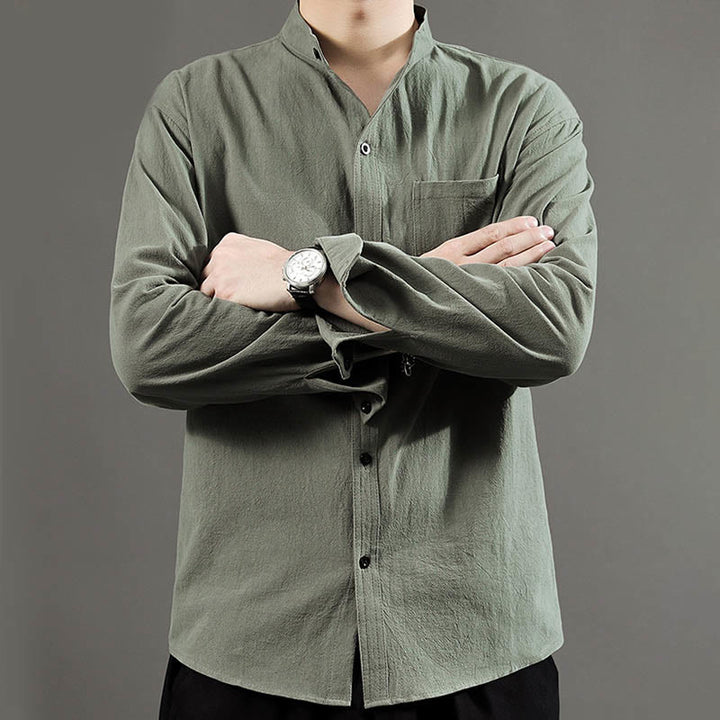 Buddha Stones Men's Long Sleeve Shirt With Pocket Stand Collar Comfort Linen Shirt - image 7